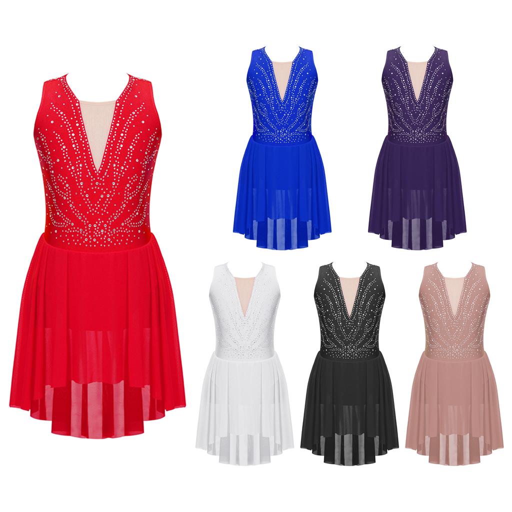 Kids Girls Rhinestone Figure Skating Ballet Lyrical Performance Dress Strappy Back Asymmetrical Hem Sleeveless Dance Dresses