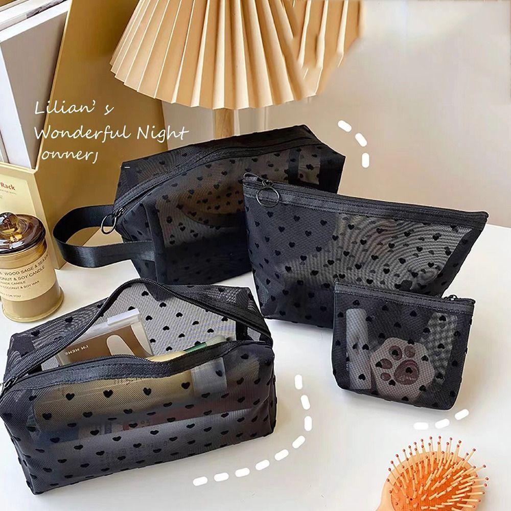 Wave Point Transparent Cosmetic Bag Large Capacity Love Heart Mesh Makeup Bag Cute Travel