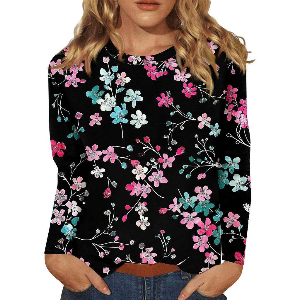 Женский модный повседневный пуловер с круглым вырезом и длинным рукавом с цветочным принтом