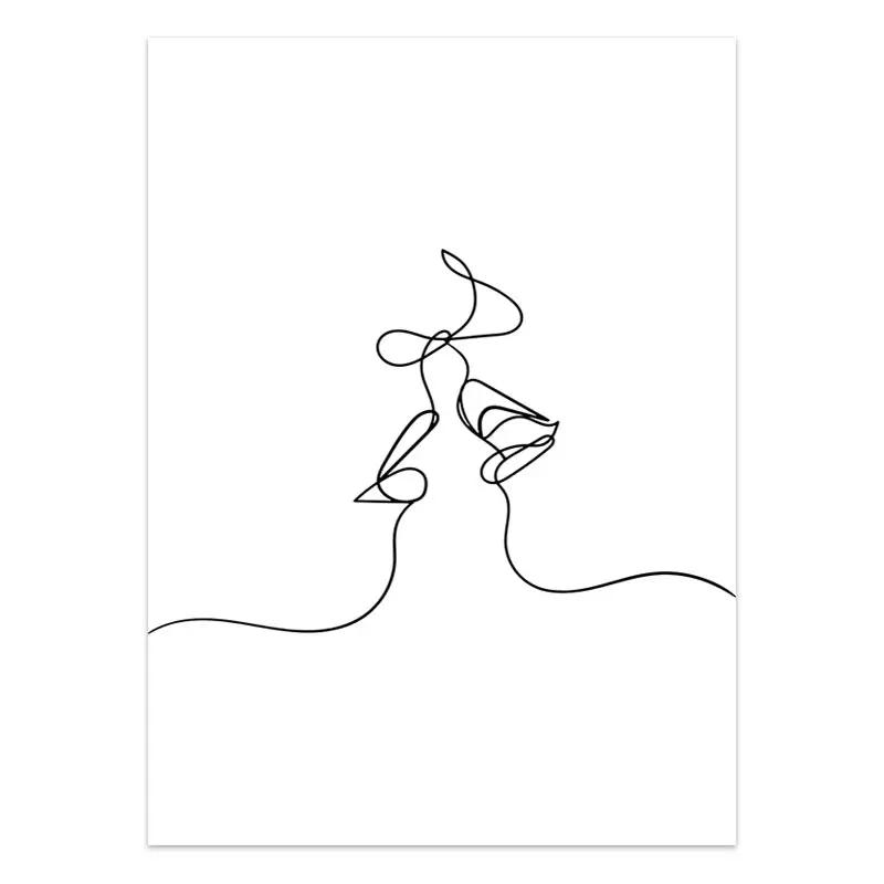 Черно-белая пара линий, настенная живопись на холсте, рисование линий, ручная любовь, поцелуй, постеры и принты, скандинавская картина, декор для гостиной