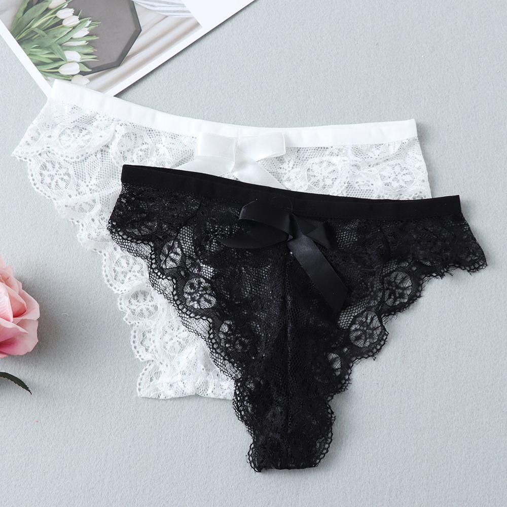 T-back Transparent Underpants Lace Flowers Thong Hollow Bow Panties Women's Underwear G String
