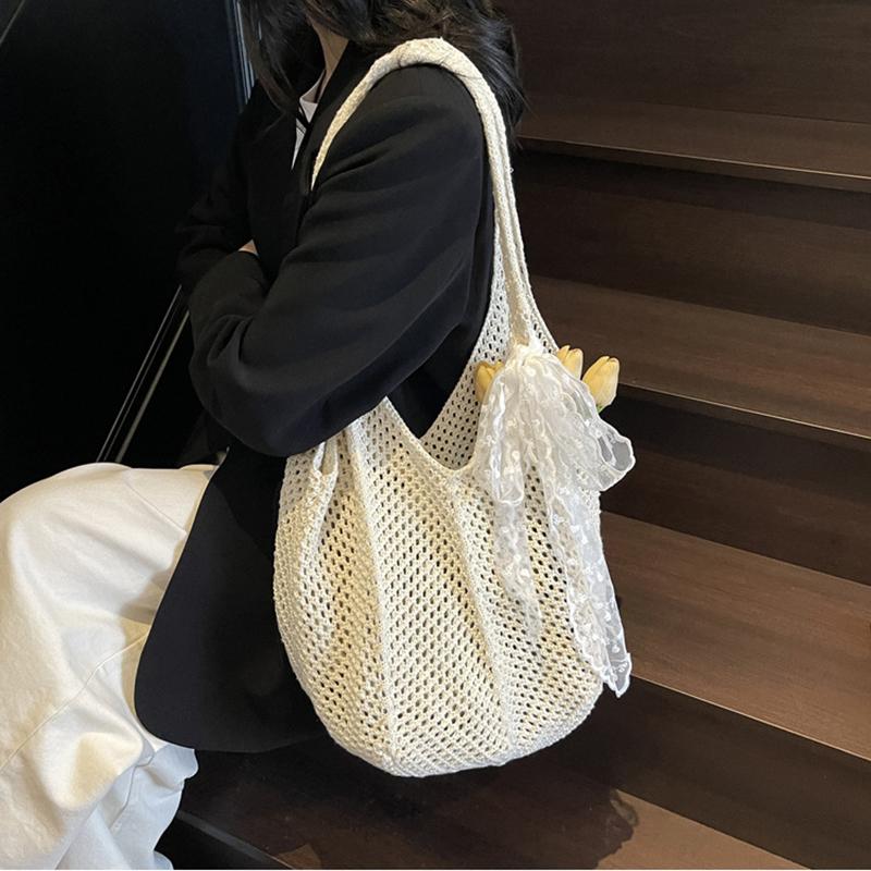 Yogodlns Women Hollow Out Crochet Tote Bag Fashion Knitted Bag Large Capacity Scarf Decor Handbag Female Summer Beach Solid Color Woven Shoulder Bag