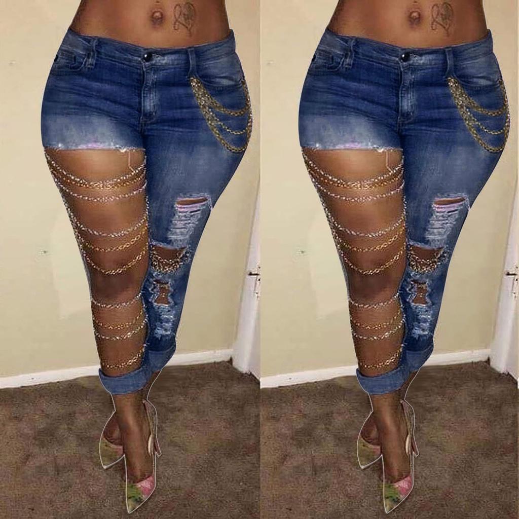 Fashion Women Solid Slim Denim Ripped Chain Big Hole Jeans Trousers Pencil Pants