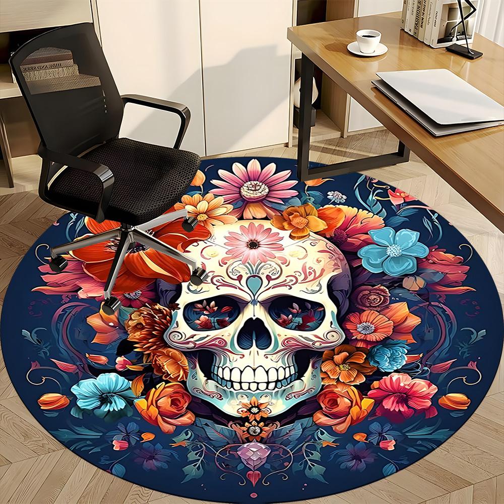 1pc Sugar Skull Flowers Office Round Area Rug, Under Office Chairs Bedroom Living Room Home Decor, Room Deco, Available in Various Sizes