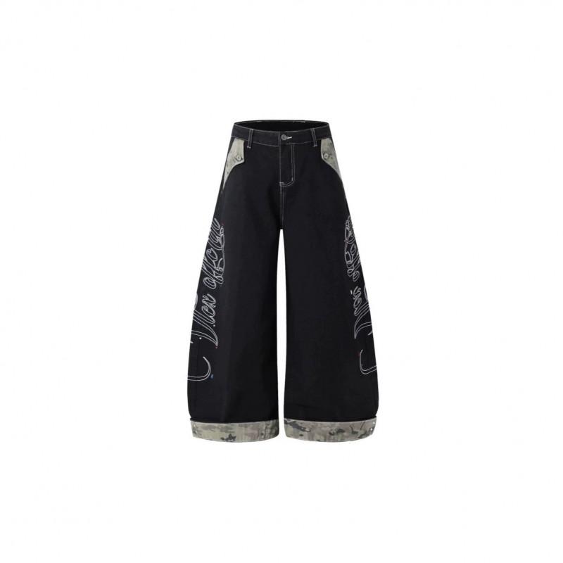 Mens High Waist Loose Straight Jeans American Vintage Camo Patchwork Embroidered Streetwear Denim Pants