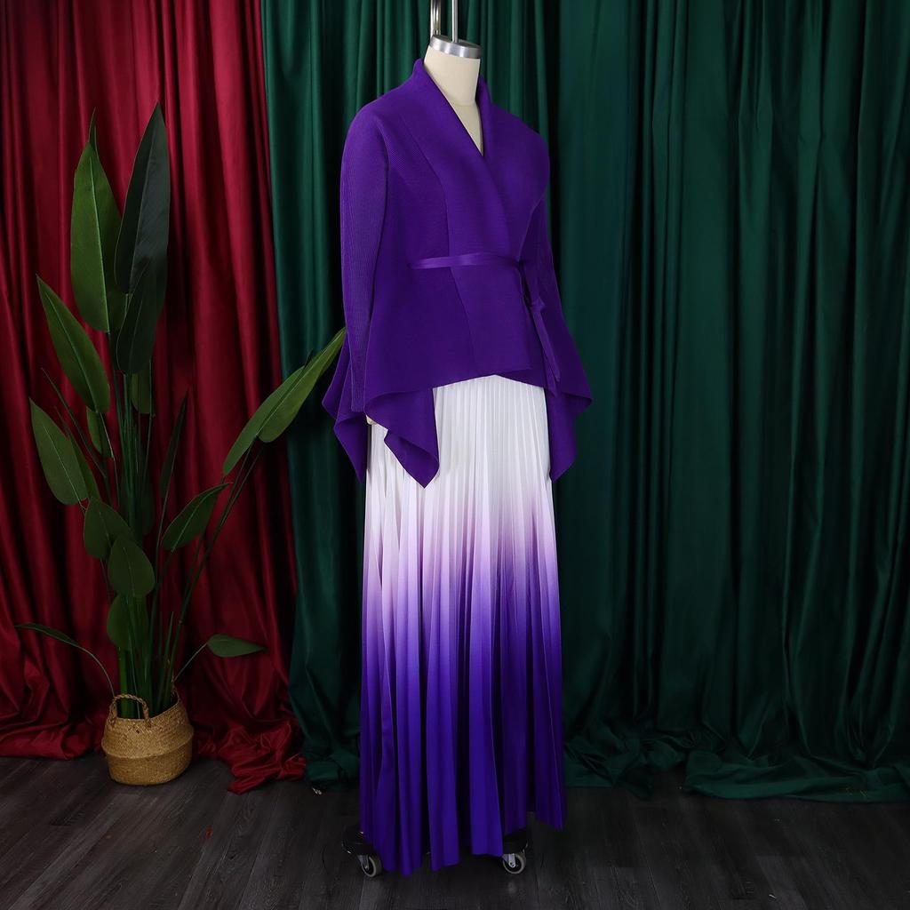 European & American Fashion Pleated Top and Gradient Swing Skirt Two-Piece Set