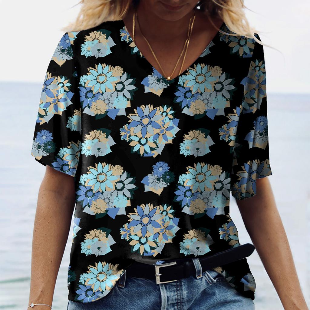 Women XL-7XL Plus Size T Shirt V Neck Short Sleeve Tops 3D Floral Print T Shirts Summer Lovers Couples T Shirt