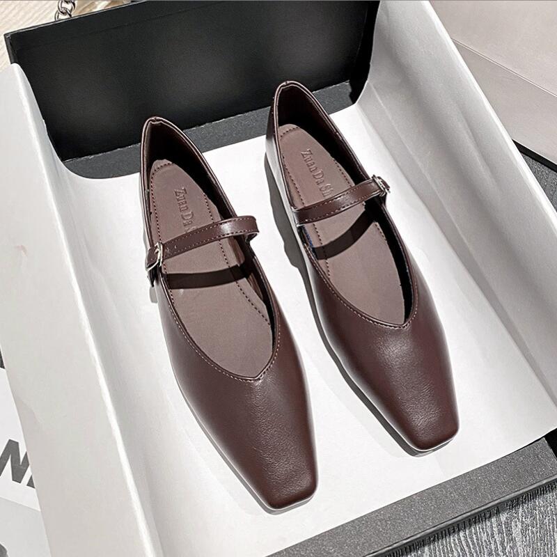 Квадратный носок неглубокие балетки на плоской подошве женские новые повседневные элегантные туфли Мэри Джейн с пряжкой на плоской подошве обувь для платья Mujer