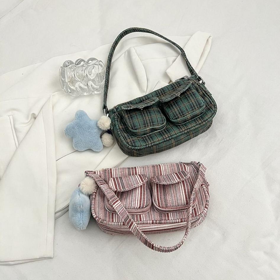 Designer Plaid Shoulder Bag Multi Pocket Women Handbag Korean Striped Armpit Bag Daily