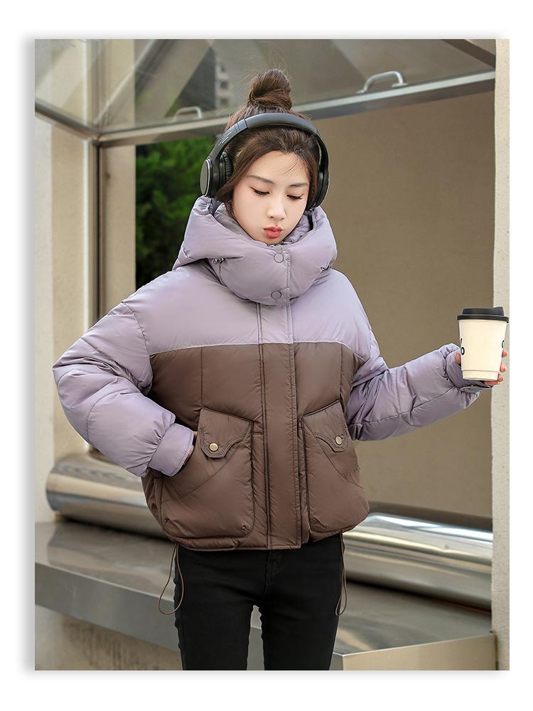 Autumn and Winter Women's Coat Hooded Short Color Matching Loose Casual Thickened Windproof Student Jacket