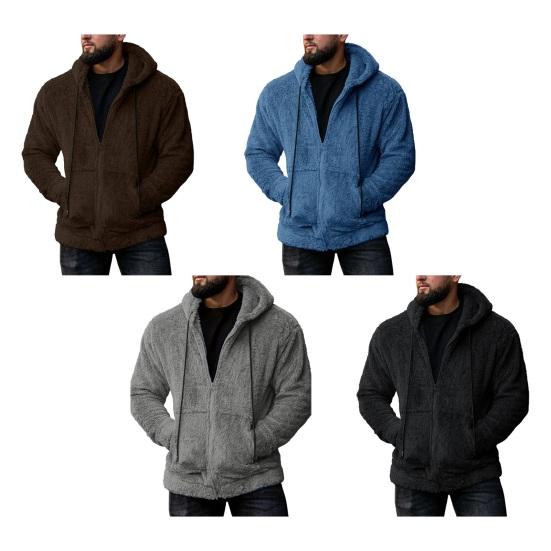 Зимний мужской свитер с капюшоном, застежкой-молнией, длинными рукавами, затягивающимся шнурком, плотный плюшевый однотонный кардиган с карманами, средней длины