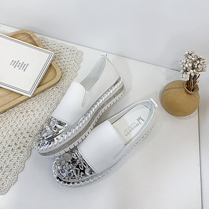 Fashion Aphixta Rhineston Round Toe Leather Flats Shoes Women White Bling Loafers Couple Platform Shoes Woman Chunky Sole Size 43