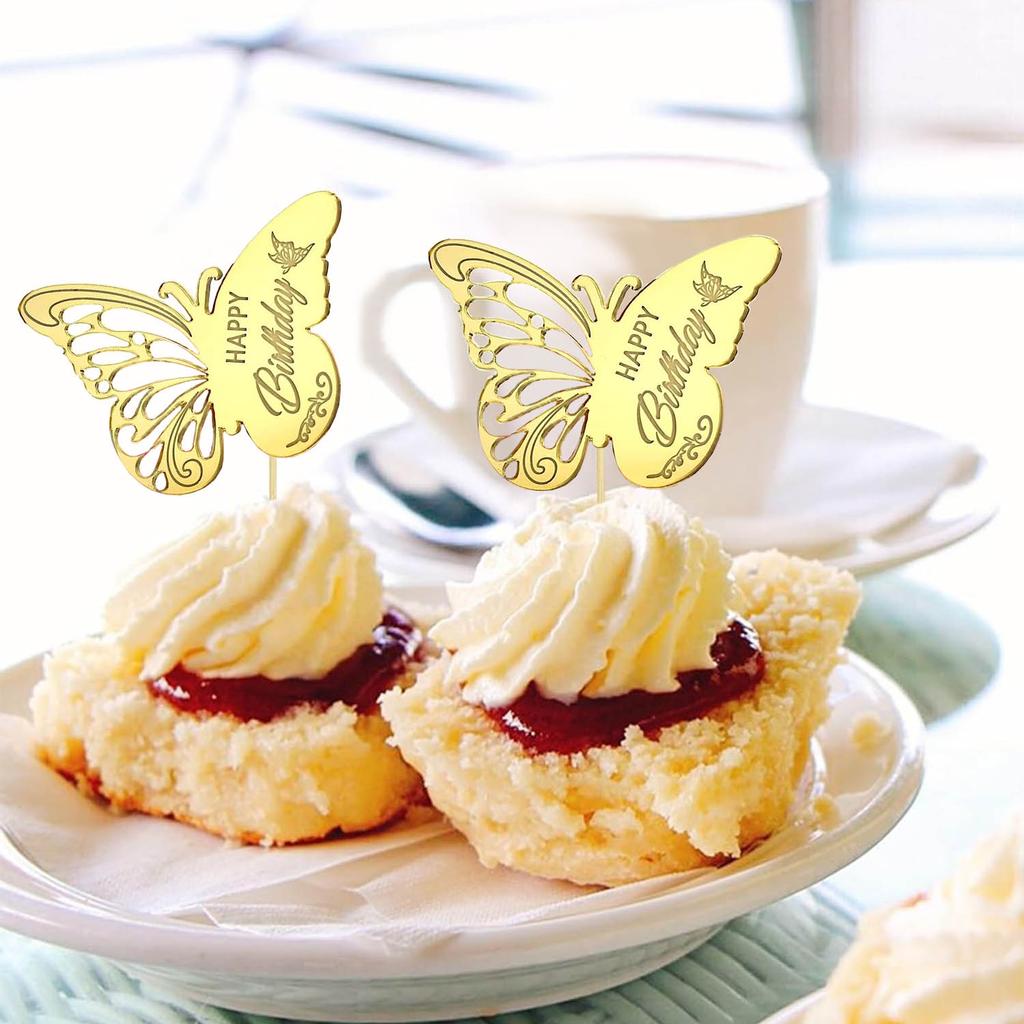 12 шт. акриловых топперов для кексов «С Днем рождения» в виде бабочек для вечеринки, гравированный зеркальный акриловый диск для торта для украшения кексов своими руками