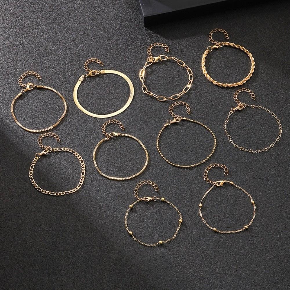 10Pcs/set Vintage Style Snake Chain Bracelet Flat Chain Multi-layer Bracelet  Casual Wear