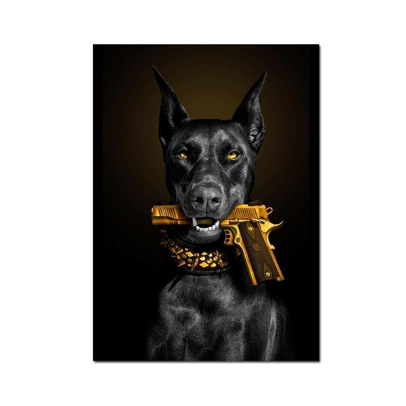 Модный черный доберман, собака, лев с пистолетом, постер, холст, картина, роскошное животное, настенная роспись для гостиной, домашний декор