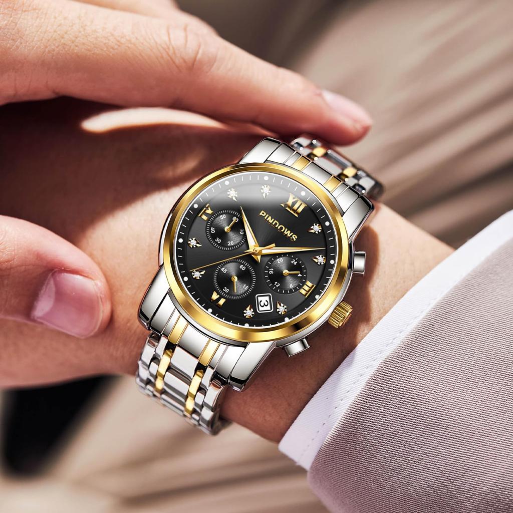 PINDOWS роскошные кварцевые аналоговые часы с большим циферблатом и датой водонепроницаемые модные деловые часы из нержавеющей стали классические часы с люминесцентным календарем для мужчин
