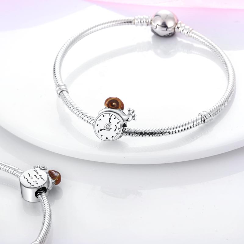 Silver Color Time Snail Alarm Clock Charm Beads Fit Original Brand Bracelet for Women Diy Jewelry Gift