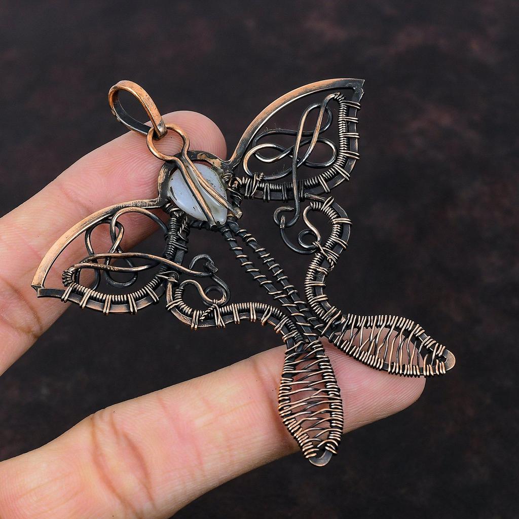 Подвеска из голубого кружевного агата, подвеска из медной проволоки, подвеска ручной работы в виде бабочки, медное ювелирное украшение, подвеска с драгоценным камнем, дизайнерский кулон, свадебный подарок