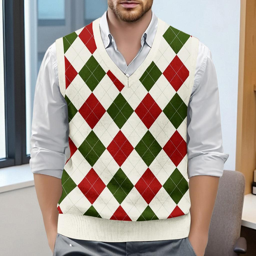 Мужской жилет без рукавов с клетчатым принтом и V-образным вырезом, вязаный джемпер