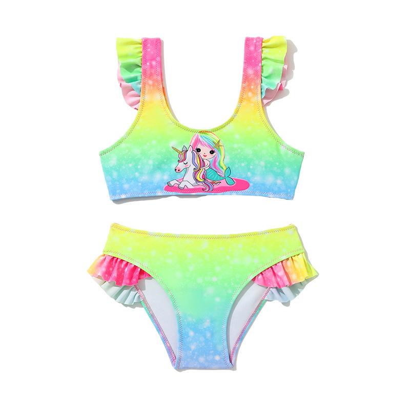 Kids' Fashion Two Pieces Ruffled Rainbow Swimsuit Girls‘ Tankini Bathing Suit Toddlers' Unicorn Printed Tank Top and Briefs Cute Swimming Suit
