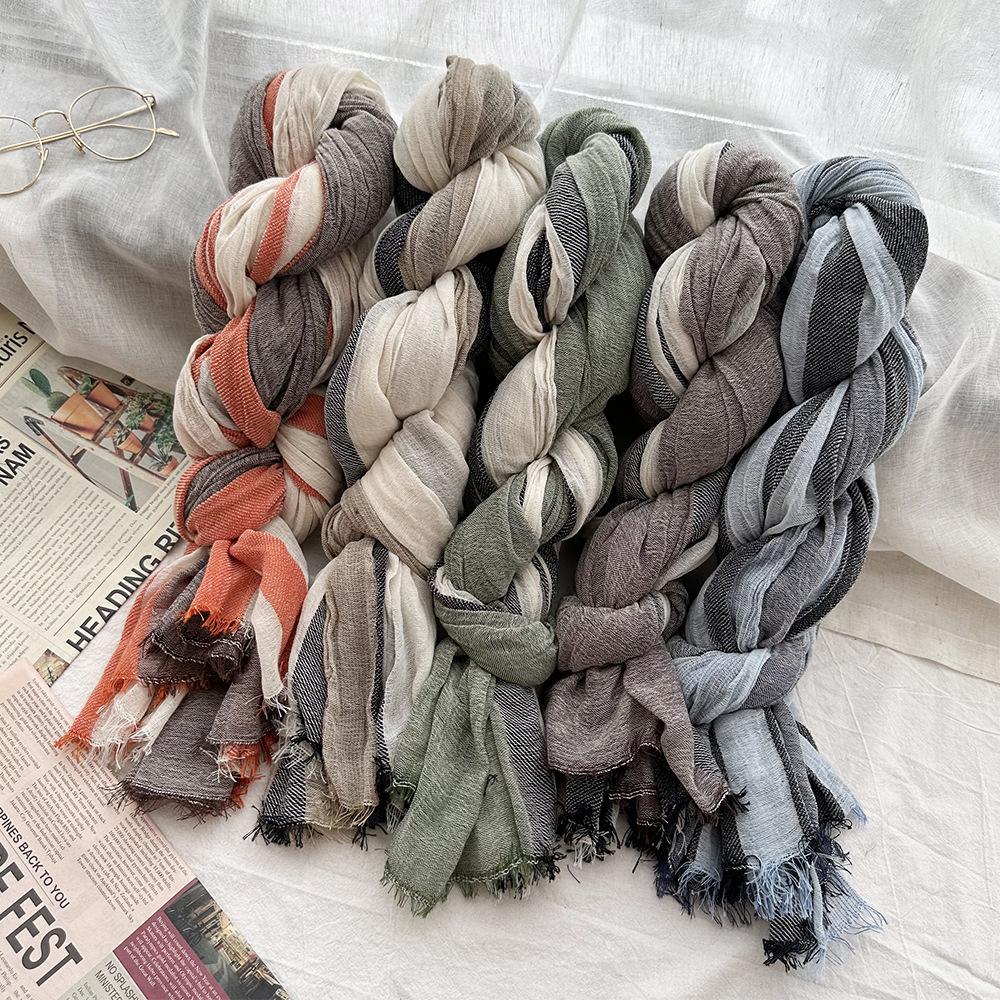 Women's Scarf Autumn and Winter Cotton Striped Warm Scarf New Yarn Dyed Versatile Scarf Thin
