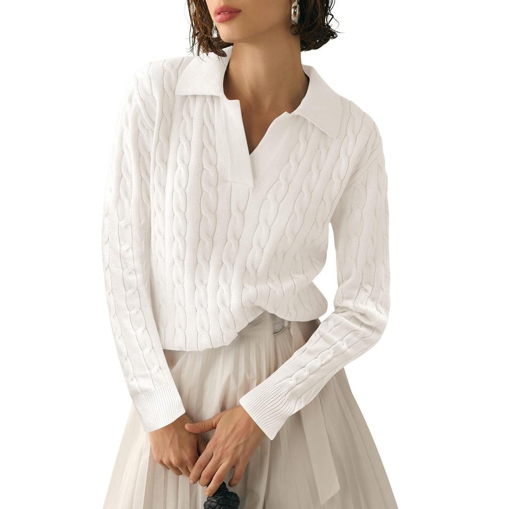 Women's Lapel Casual Soft Sweater Cable Knit Pullover