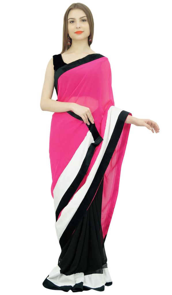 Atasi Women's Solid Pink Designer Georgette Saree With Unstitched Blouse