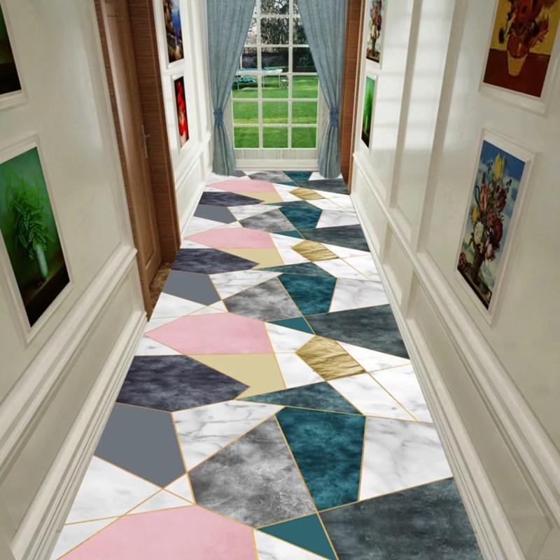 Grey Geometric Living Room Area Rug Corridor Hallway Carpet Runners Decor Crystal Velvet Anti-slip Kitchen Bedroom Rug Door Mat