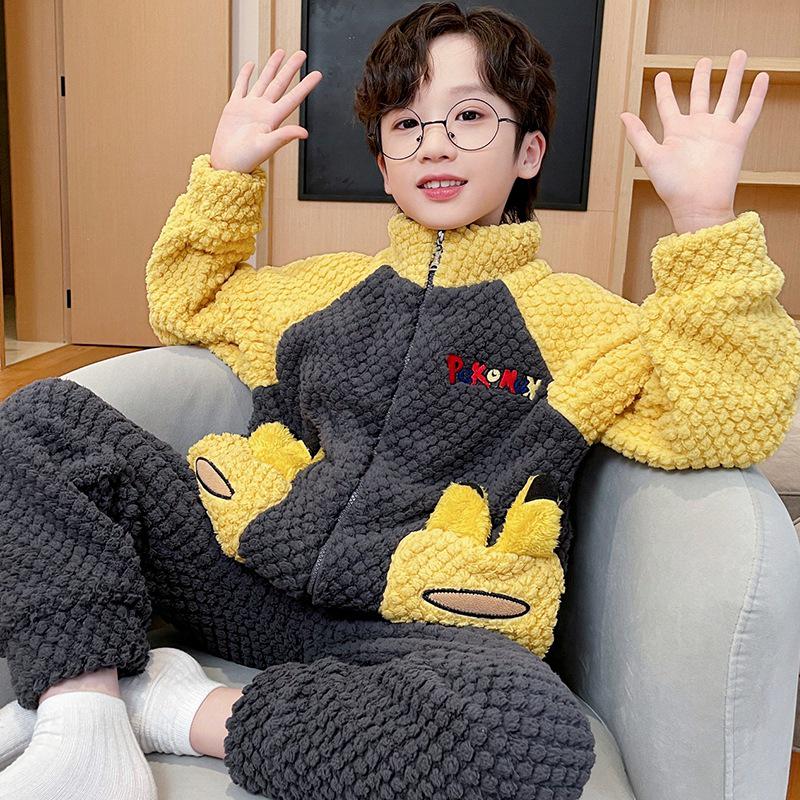 Autumn 2023 Boys Coral Fleece Pajamas - Velvet Flannel Winter Homewear for Kids