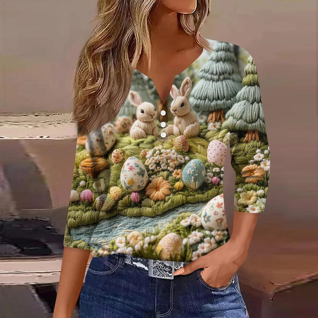 Жен. Футболка Футболка С принтом Пуговицы Рукав 3/4 Повседневные Выходные Мода Классический V-образный вырез Обычный Топ