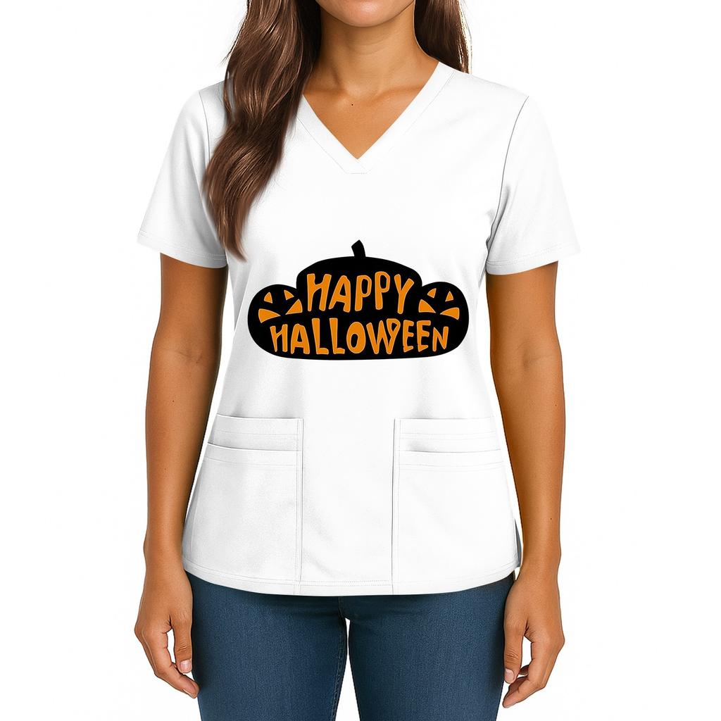 Женский Хэллоуинский Принт V-образный вырез Двойной карман Короткий рукав Разрез по подолу Топ для униформы/сиделки