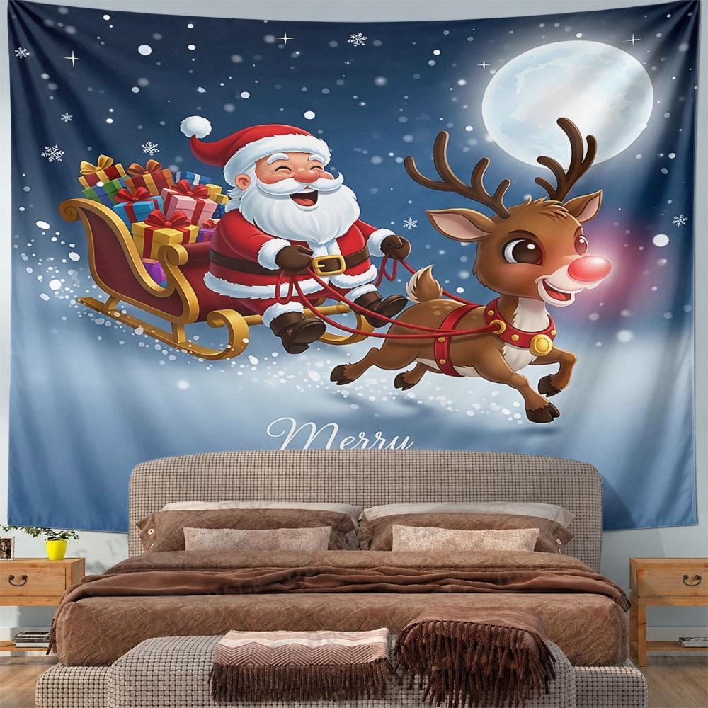 Rudolph Santa Full Moon Tapestry Wall Hanging Christmas Eve Decor for Bedroom Living Room Festive Gift