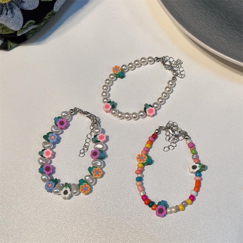 Новый красочный браслет с цветком, браслет в милом девичьем стиле, регулируемый браслет в форме жемчуга, универсальная ручная одежда