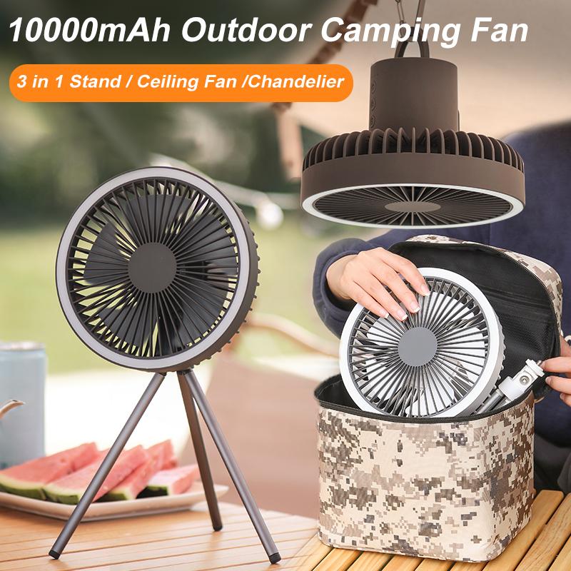 10000mAh Camping Fan Rechargeable Desktop Portable Circulator Wireless Ceiling Electric Fan with Power Bank LED Lighting Tripod