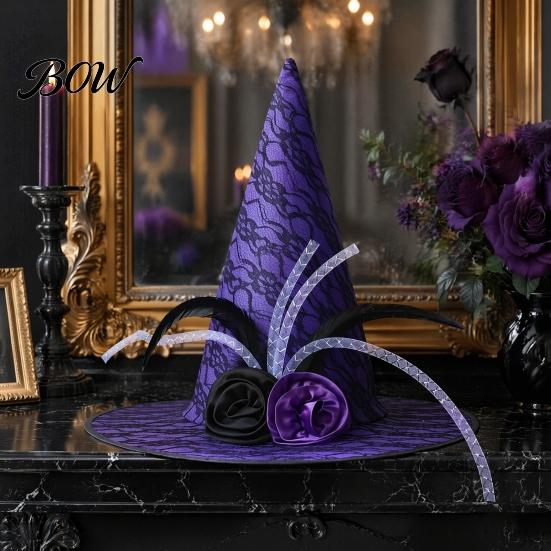 Halloween Cosplay Headpiece Star Witch Hat, Mesh Veil Rose Feather Cone Hat with Roses for Women, Gothic Party Costume Headwear, Adult Accessory