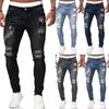 Street Style Ripped Skinny Jeans Men Vintage Wash Solid Denim Trouser Mens Casual Slim Fit Pencil Denim Pants