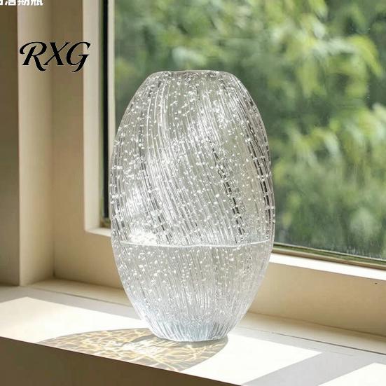 Modern Minimalist Home Accents Luminous Waves Glass Flower Vase, Decorative Art Wide Mouth Vase Romantic Blue Light Decor, Rustic Floral Arrangement