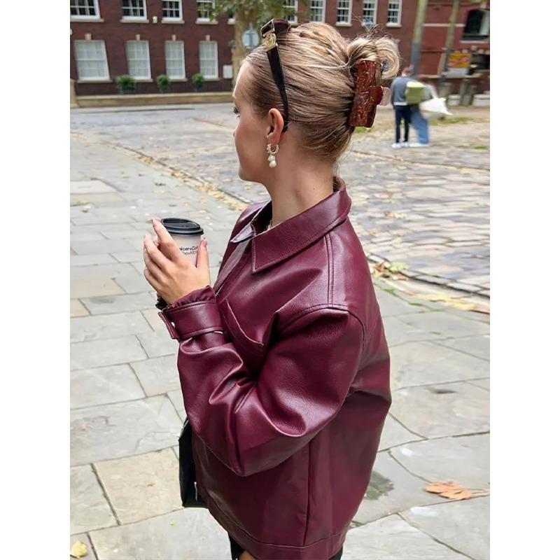 Весна и осень женская куртка с длинным рукавом из искусственной кожи с лацканами на молнии в стиле ретро, мотоциклетное пальто, свободная повседневная модная уличная одежда