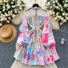 Весна-лето Женские элегантные платья с рукавами-фонариками и кружевным принтом в стиле пэчворк Короткие свободные платья на шнуровке