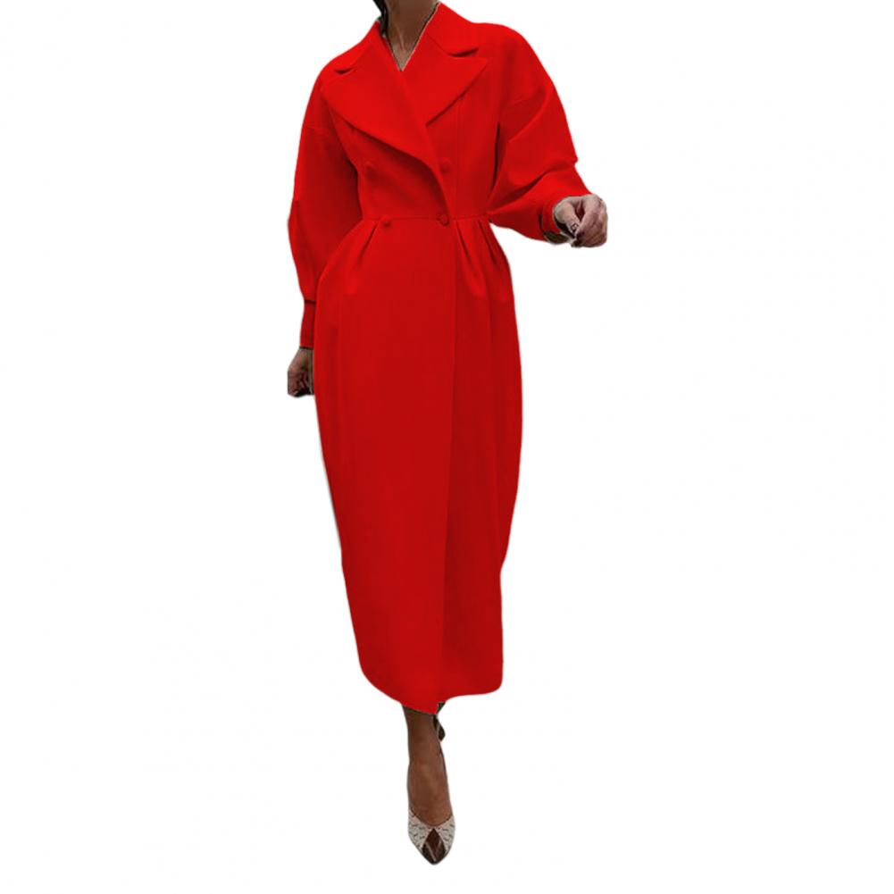 Women Woolen Jacket Turn-down Collar Solid Color Double-breasted Coat Retro Royal Style Thermal Long Lantern Sleeves Commuting D