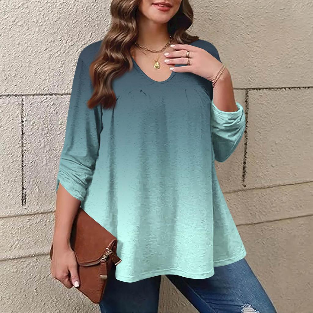 Women's Plus Size Fashion Printed Casual Pleated Round Neck Long Sleeve Top