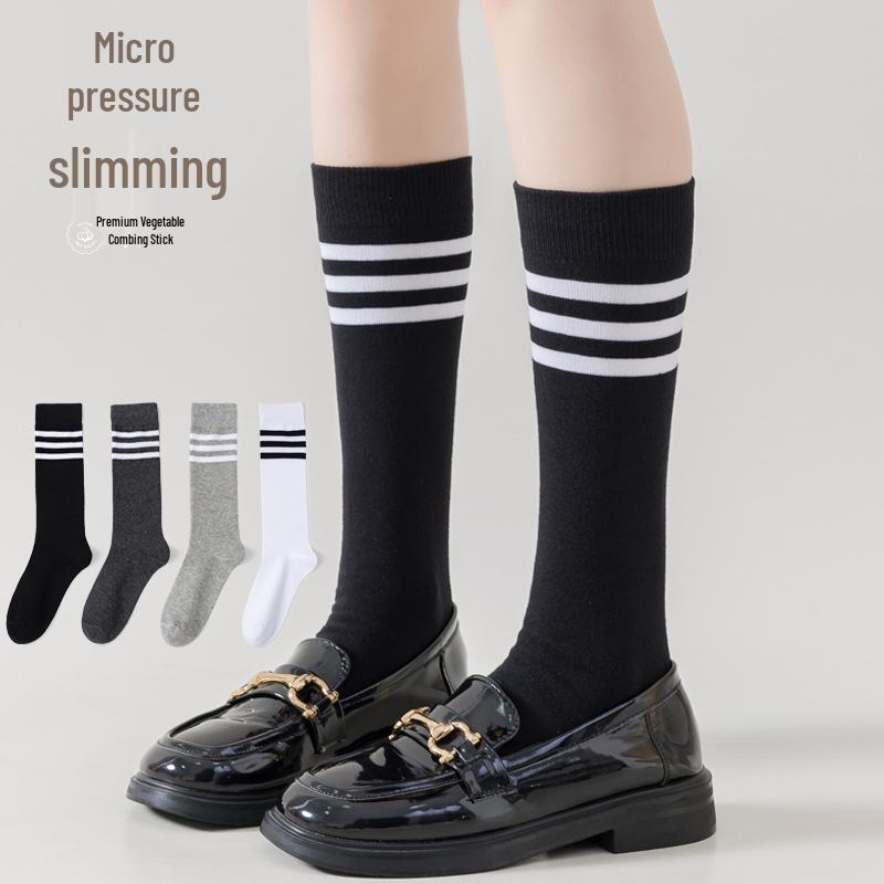 Женские Осенне-Зимние Хлопковые Носки до Колена с Тремя Полосками - Японский JK, Стройнящие, Впитывающие Влагу, Дышащие