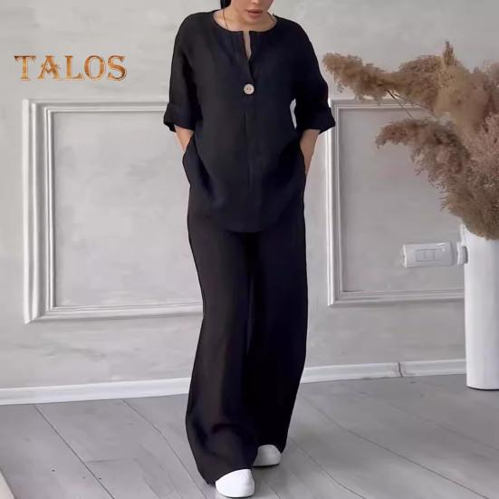 2 шт./компл., блузка, комплект брюк, V-образный вырез, длинные рукава, декор пуговиц, топ с широкими штанинами, свободные брюки с эластичной резинкой на талии, OL, повседневная домашняя одежда для поездок на работу, наряд