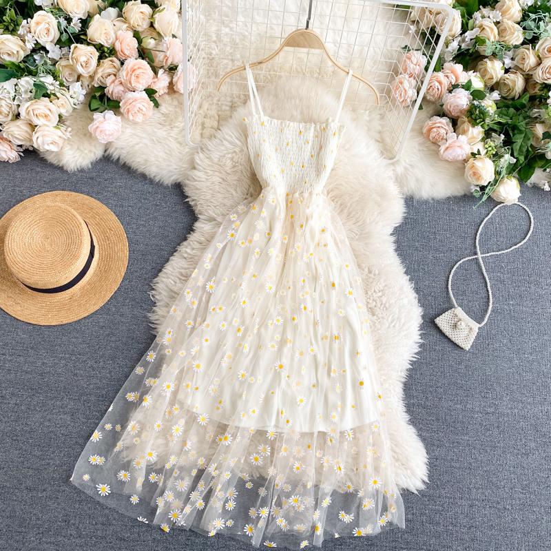 Fashion Daisy Flower Print Mesh Party Dress Women Summer Elegant Spaghetti Strap Vacation Midi Dress Vinatge Beach Clothes New