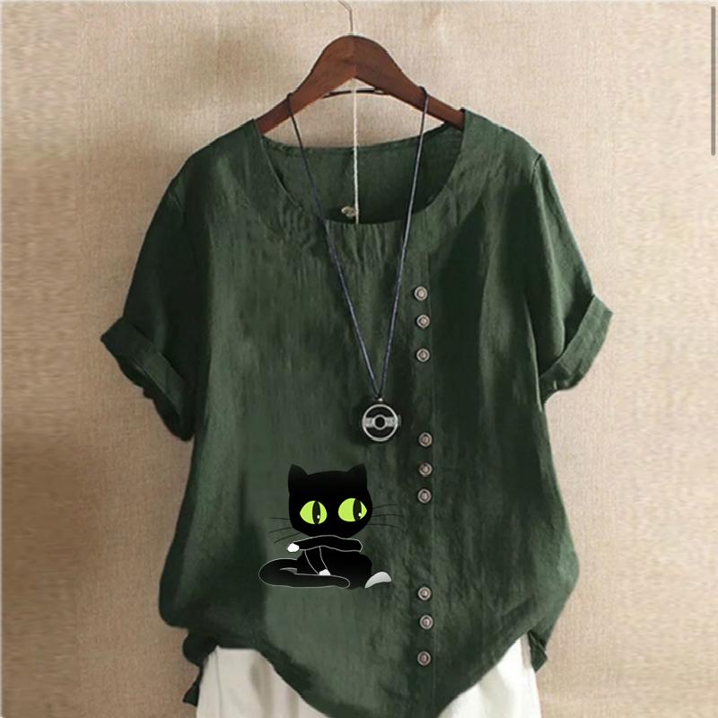 Women's Fashion Round Neck Short Sleeve T-shirt Casual Cotton Linen Graphic Shirt Leisure Loose Black Cat Prined Summer Blouse Tops