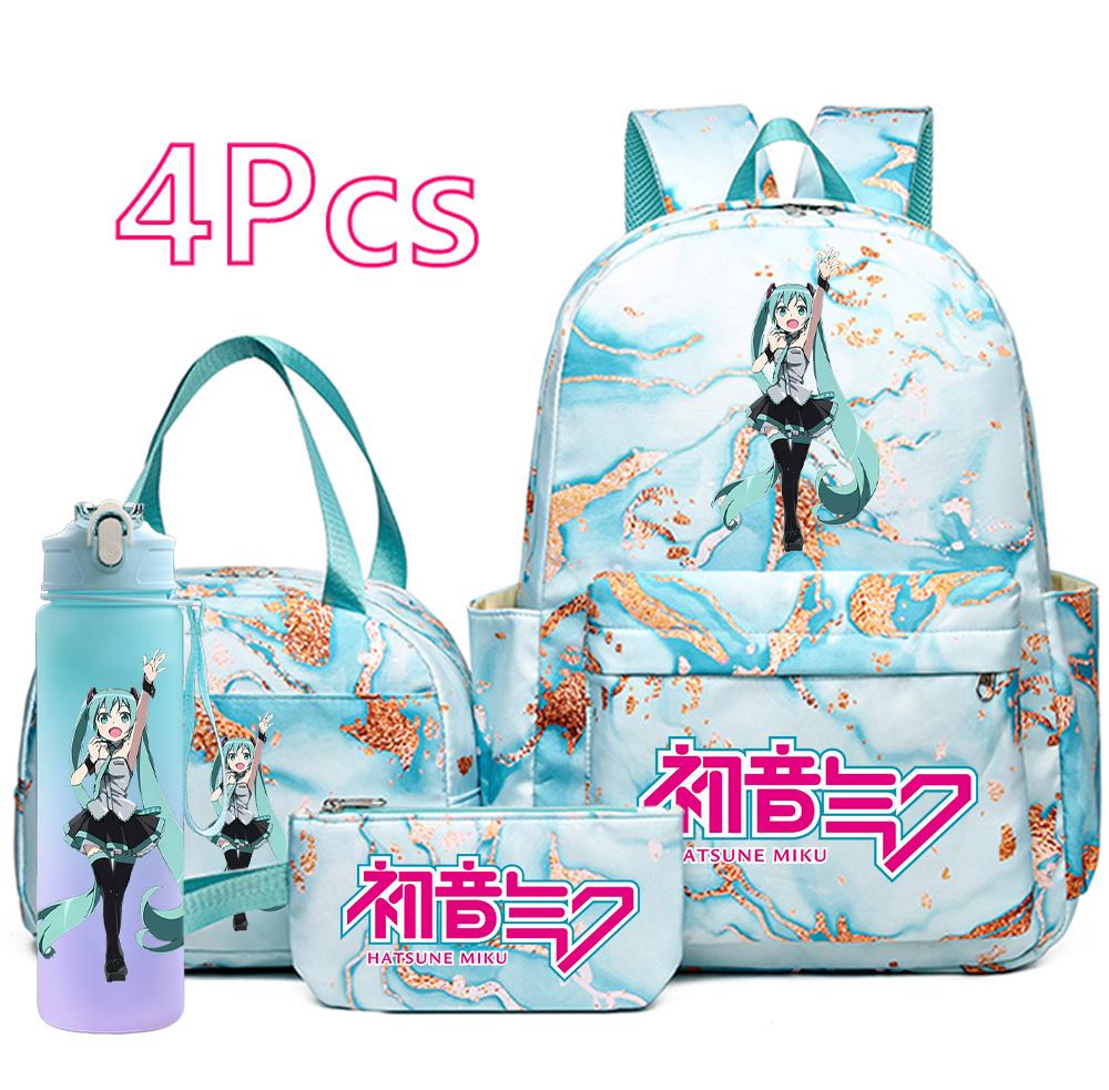 4 шт./комплект Мультяшный рюкзак с принтом Hatsune Miku, сумка, пенал с бутылкой для воды 750 мл для подростка, мальчика, девочки, большой вместимости, водонепроницаемый школьный ранец