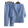 2Pcs/Set Women Spring Autumn Casual Outfit Lapel 3/4 Sleeve Single Button Pockets Blazer Coat Elastic Waistband Wide Leg Long Pants Set