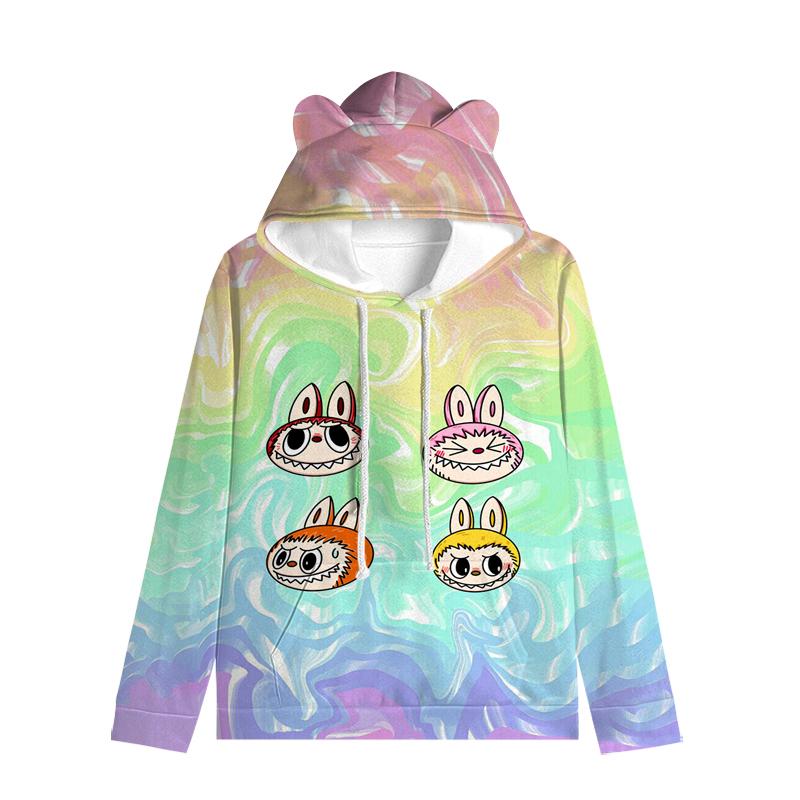 Labubu пуловер дети толстовки с капюшоном кошачьи ушки мультфильм толстовка подростков мальчики девочки косплей костюм толстовки
