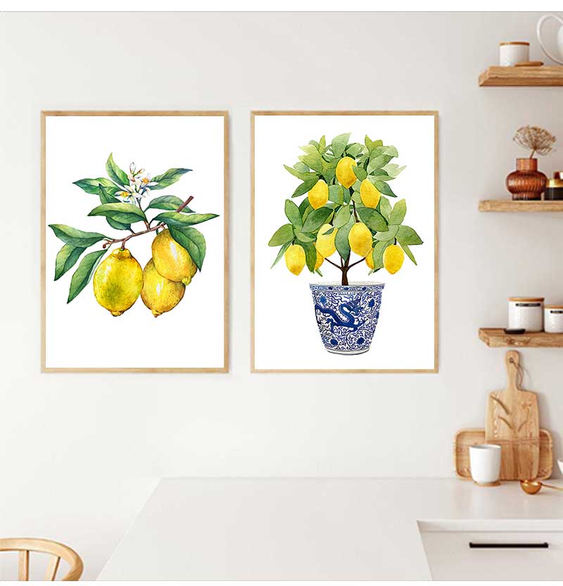 Bonsai Canvas Painting Art Blue White Willow Style Lemon Poster Kitchen Decor Lemon Print Planter office decoration