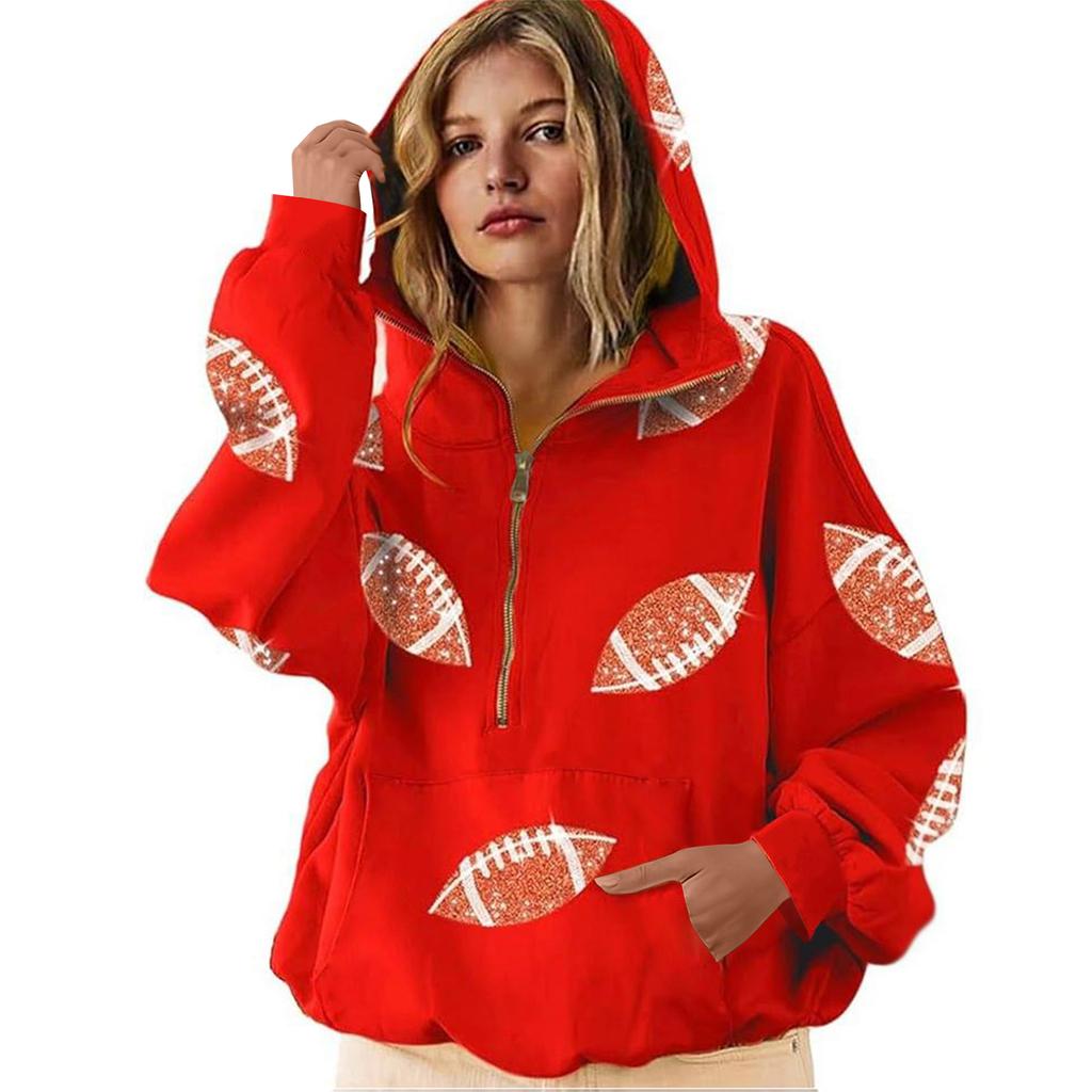 Женская спортивная рубашка с пайетками в стиле регби и карманами, с длинным рукавом, на молнии до середины груди, с капюшоном